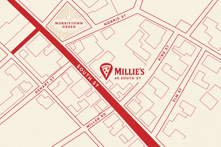 Illustrated map showing Millie’s at 60 South Street in Morristown.