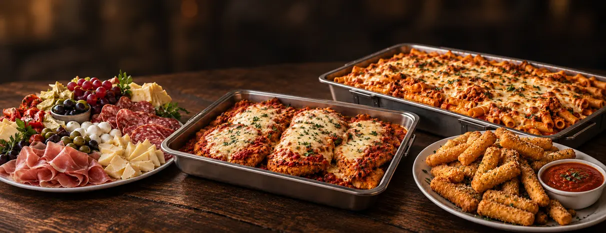 A catering spread of a charcuterie platter, chicken parmesan, baked ziti and mozzarella sticks with marinara on a wooden table