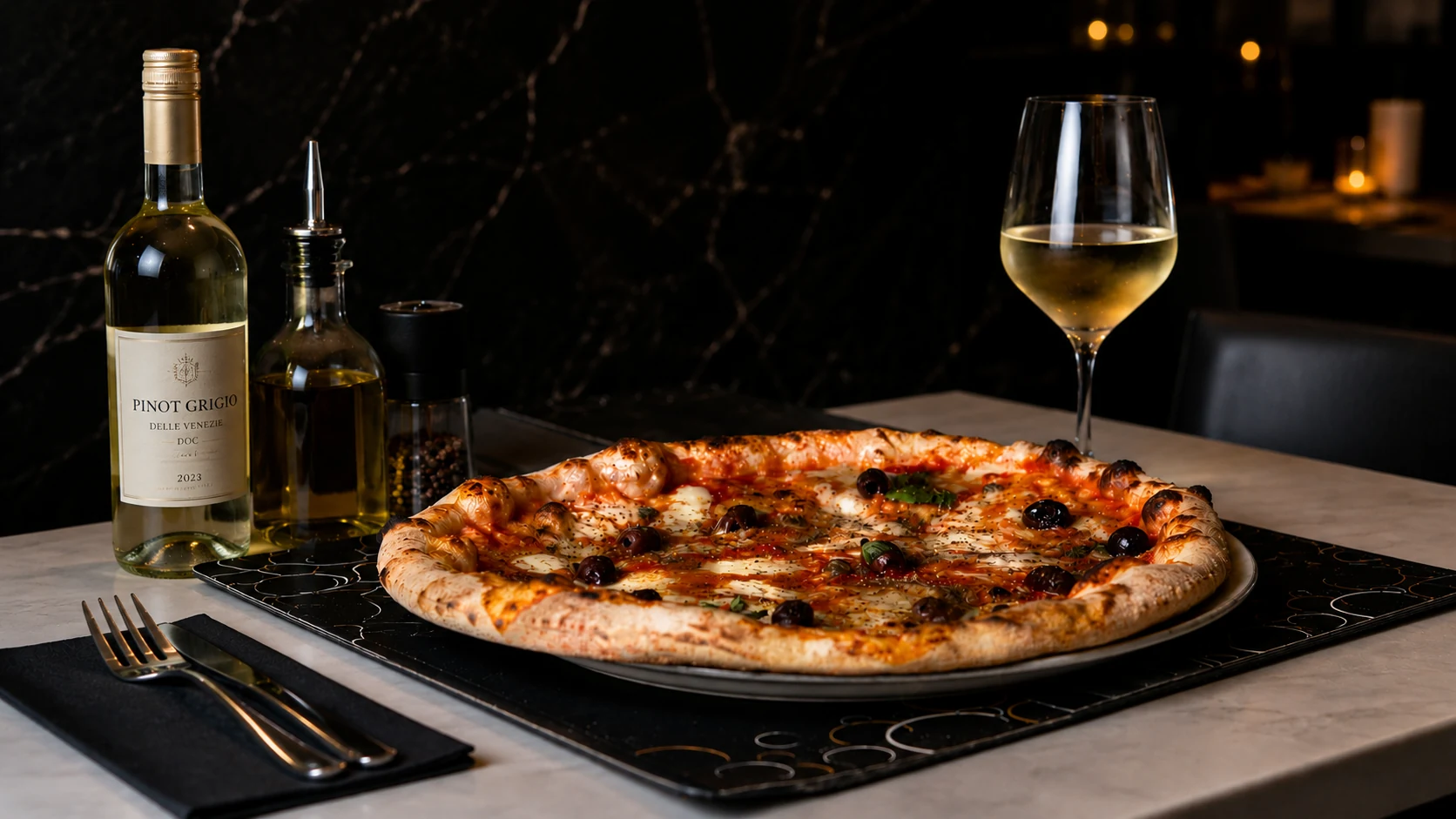 A Neapolitan pizza on a dark table with a bottle of Pinot Grigio, a glass of white wine and olive oil