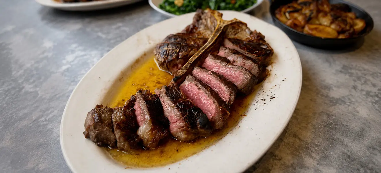 A sliced, seared steak on the bone served on an oval platter
